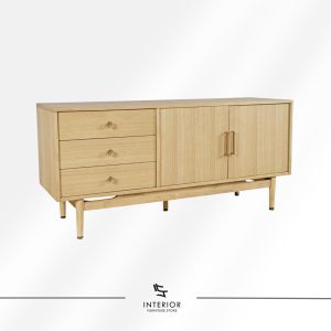 Wooden cabinet with a clean rectangular form, featuring three drawers, double-door storage, and tapered legs in a natural finish.