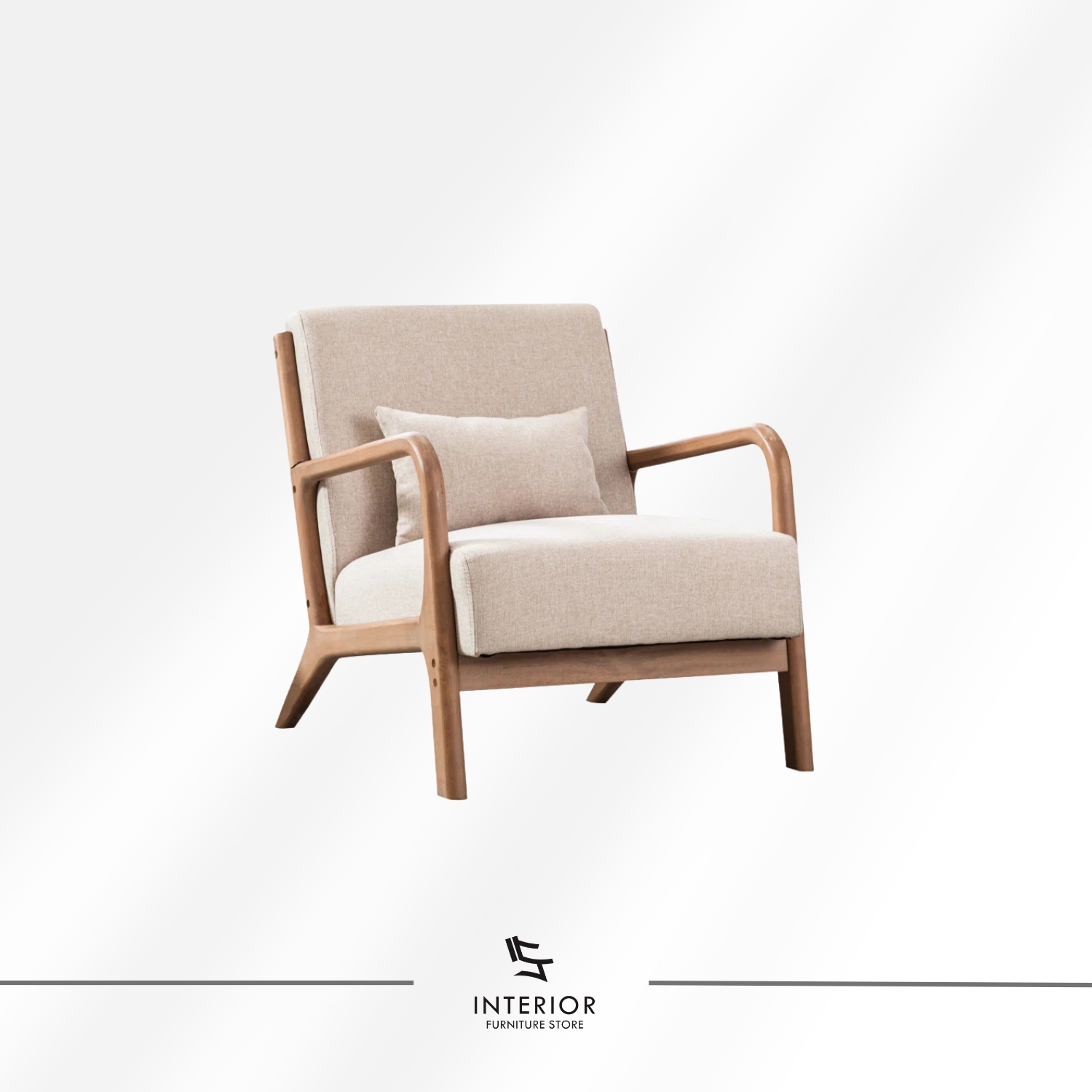 Solid wood arm chair with upholstered backrest, cushioned seat, and curved wooden armrests