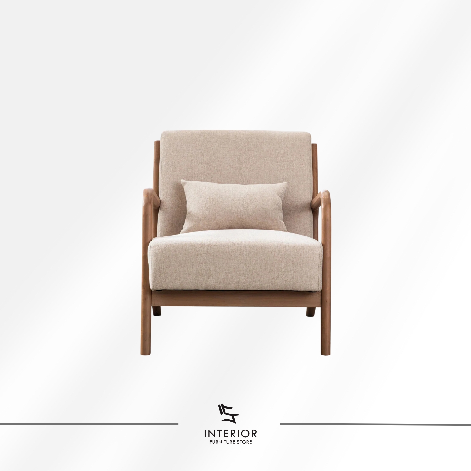 Solid wood arm chair with upholstered backrest, cushioned seat, and curved wooden armrests