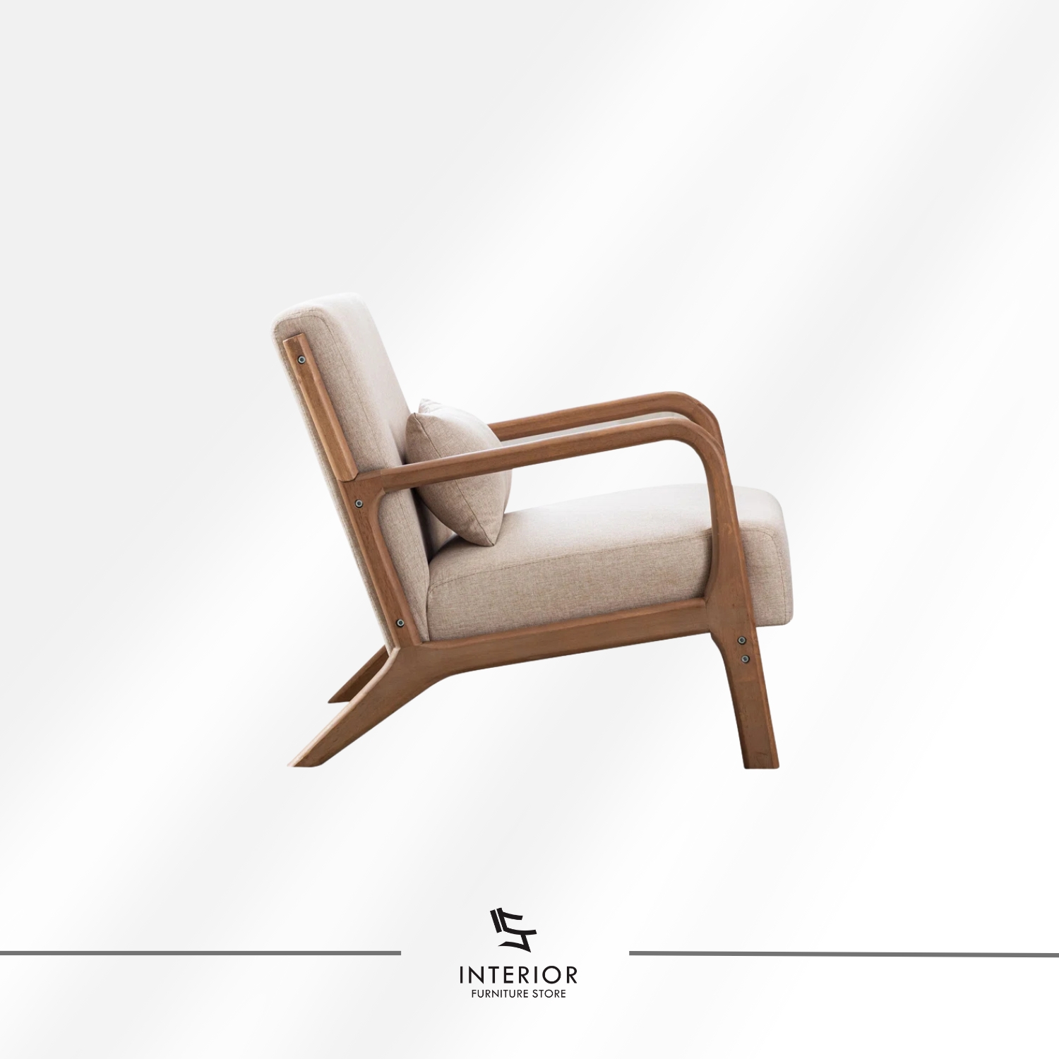 Solid wood arm chair with upholstered backrest, cushioned seat, and curved wooden armrests