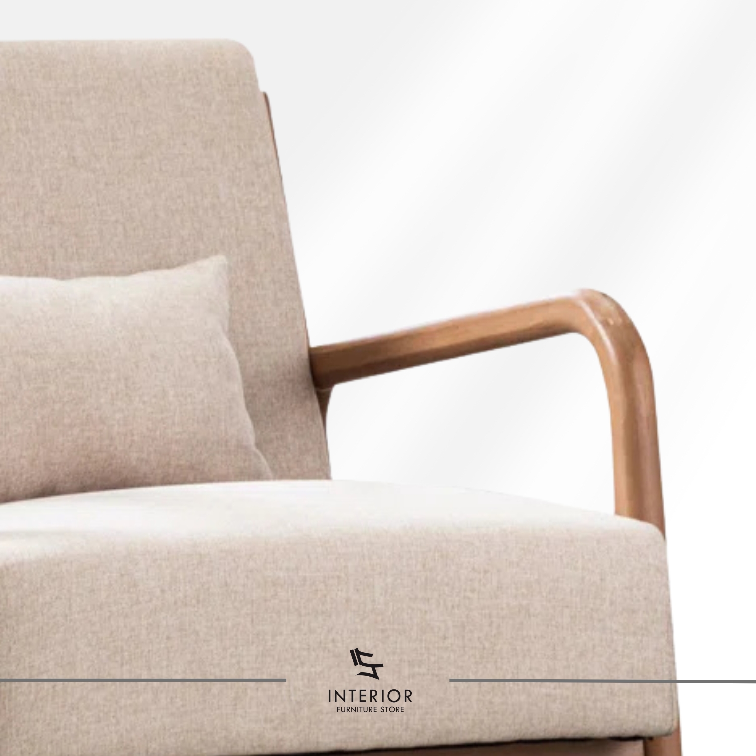 Solid wood arm chair with upholstered backrest, cushioned seat, and curved wooden armrests