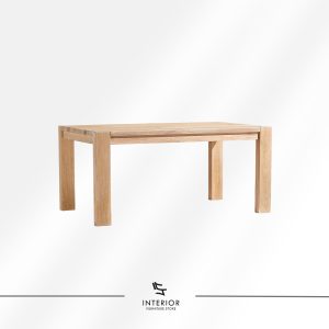 Minimalist solid wood dining table with rectangular top, square legs, and natural wood finish