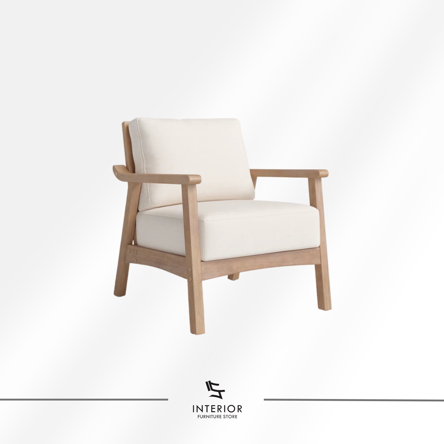 Minimalist solid wood arm chair with light wood frame and upholstered seat and back cushion