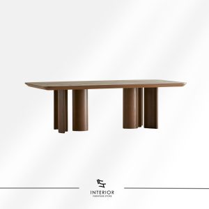 Rectangular solid wood dining table with multiple cylindrical legs in warm brown finish