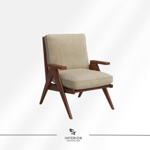Lounge chair with a solid wooden frame, angled legs, and wide armrests, featuring thick seat and back cushions upholstered in light beige fabric.