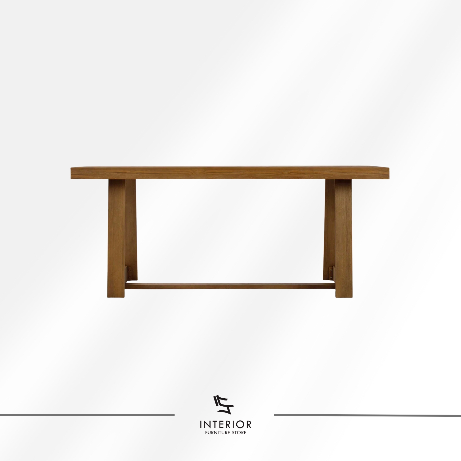 Solid wood dining table with rectangular top and A-frame wooden base in natural finish