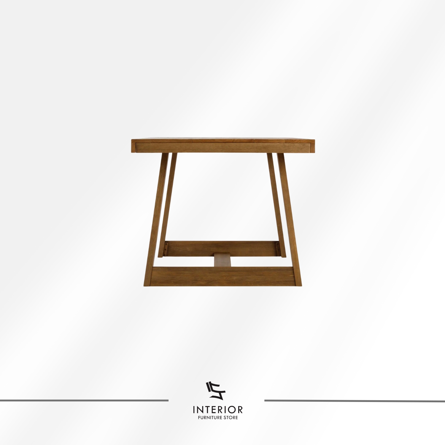 Solid wood dining table with rectangular top and A-frame wooden base in natural finish