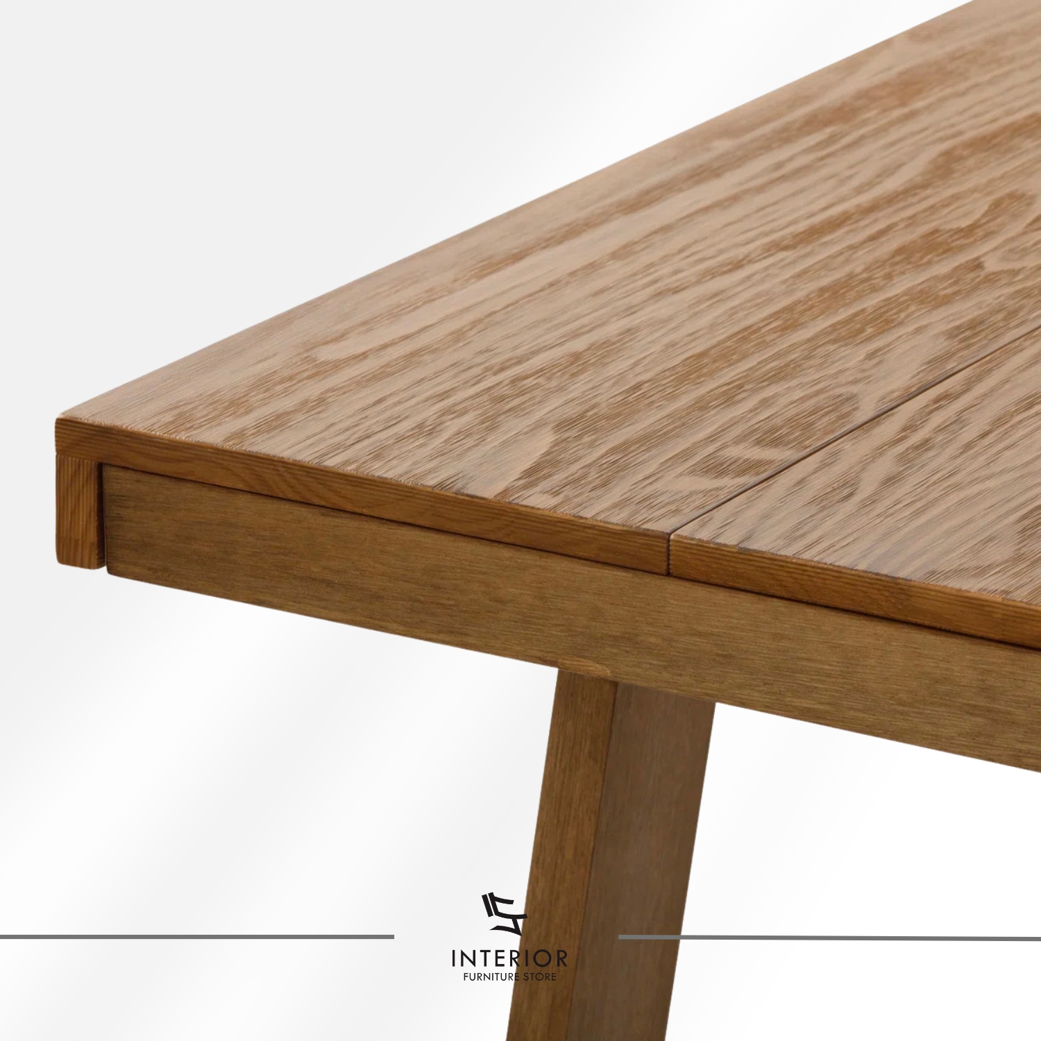 Solid wood dining table with rectangular top and A-frame wooden base in natural finish