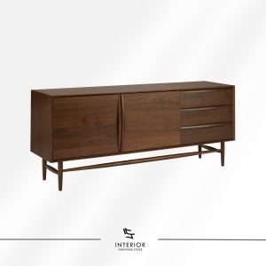 Dark wood cabinet with a sleek rectangular silhouette, featuring smooth drawer fronts, curved door details, and tapered legs with a connecting stretcher.