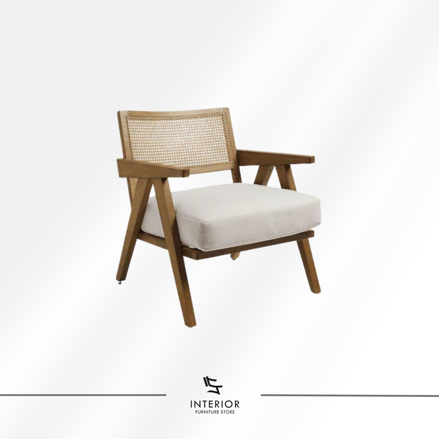 Solid wood arm chair with woven cane backrest and soft upholstered seat cushion