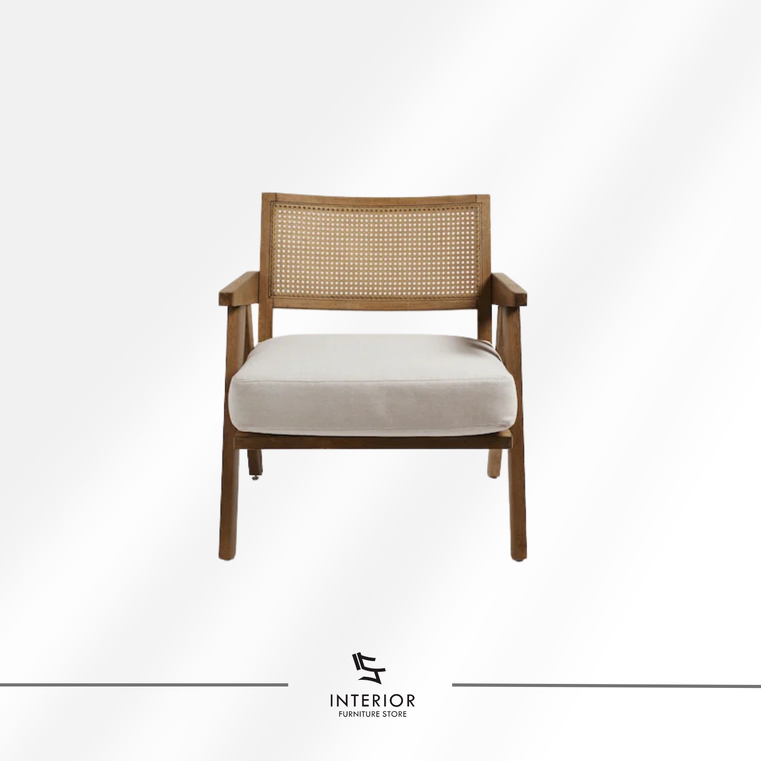 Solid wood arm chair with woven cane backrest and soft upholstered seat cushion