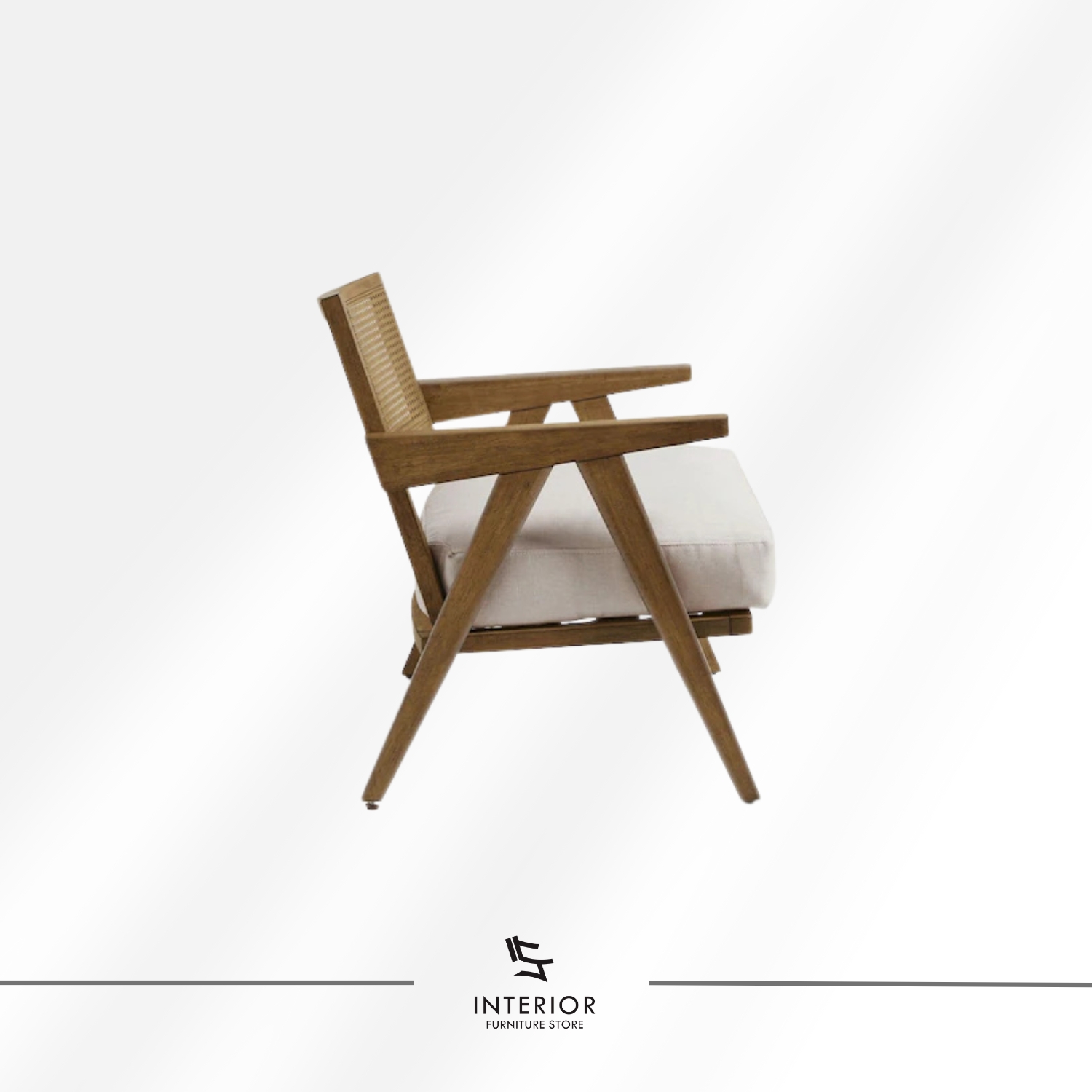 Solid wood arm chair with woven cane backrest and soft upholstered seat cushion