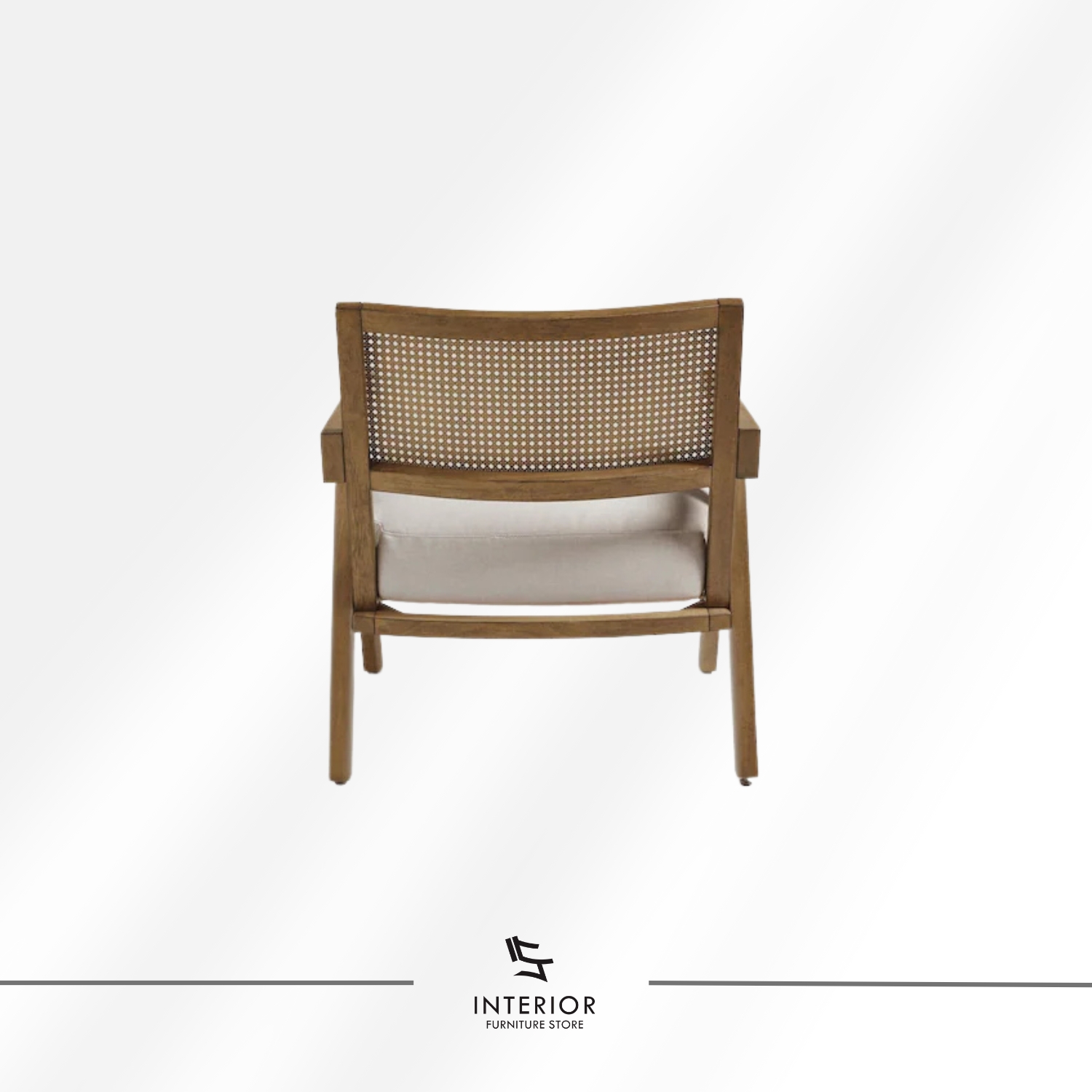 Solid wood arm chair with woven cane backrest and soft upholstered seat cushion