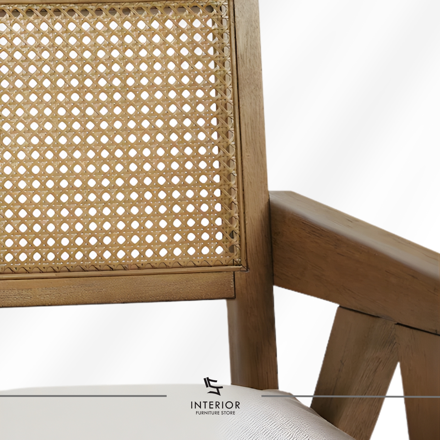 Solid wood arm chair with woven cane backrest and soft upholstered seat cushion