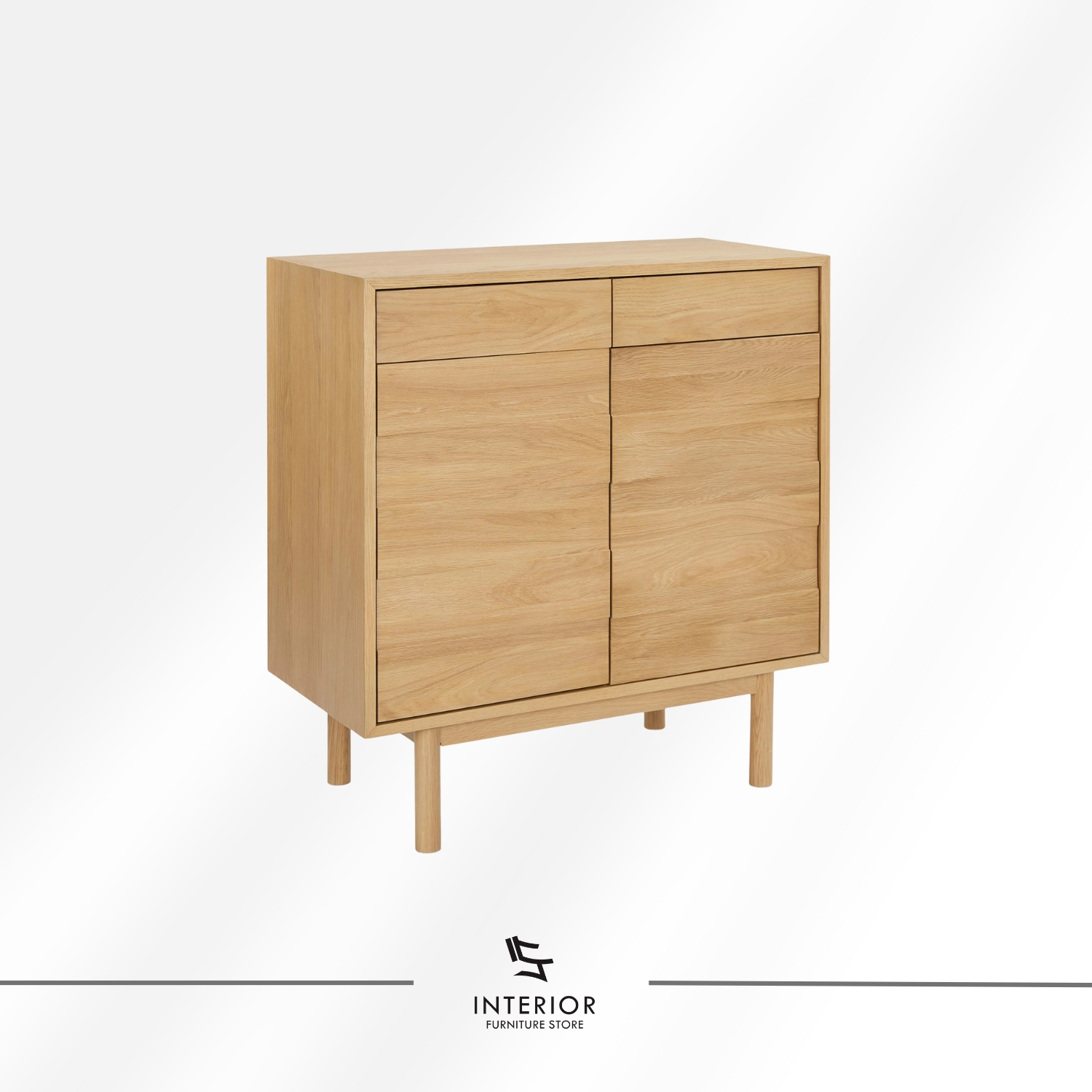 Light oak wooden cabinet with a clean rectangular form, featuring two upper drawers, double-door storage with interior shelving, and slender rounded legs.