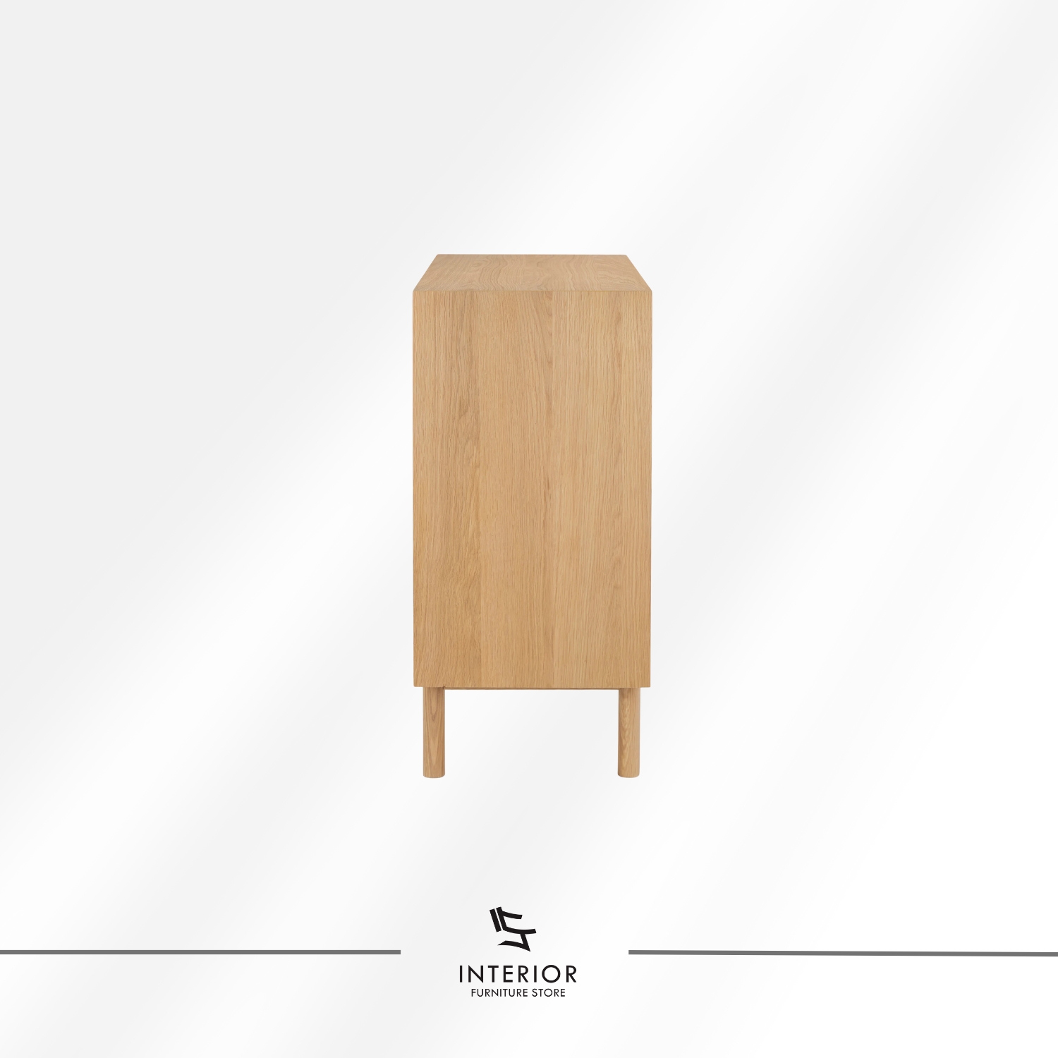 Light oak wooden cabinet with a clean rectangular form, featuring two upper drawers, double-door storage with interior shelving, and slender rounded legs.