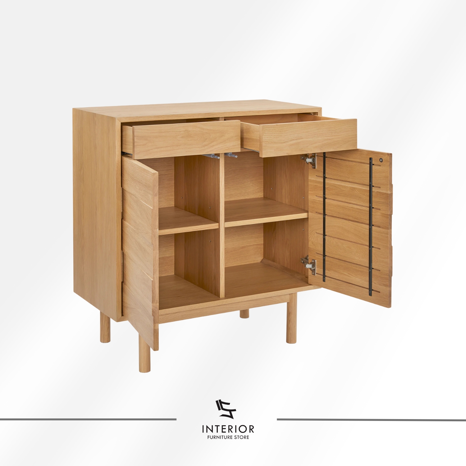 Light oak wooden cabinet with a clean rectangular form, featuring two upper drawers, double-door storage with interior shelving, and slender rounded legs.