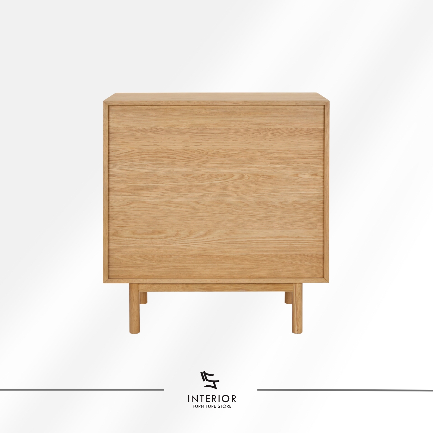 Light oak wooden cabinet with a clean rectangular form, featuring two upper drawers, double-door storage with interior shelving, and slender rounded legs.