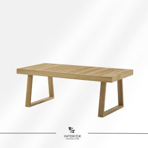 Rectangular wooden coffee table with a slatted top and angled frame legs in a natural finish.