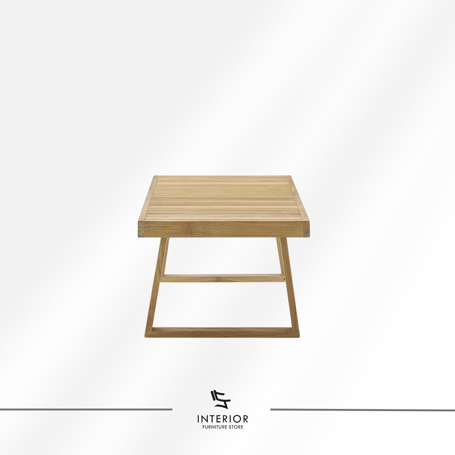 Rectangular wooden coffee table with a slatted top and angled frame legs in a natural finish.