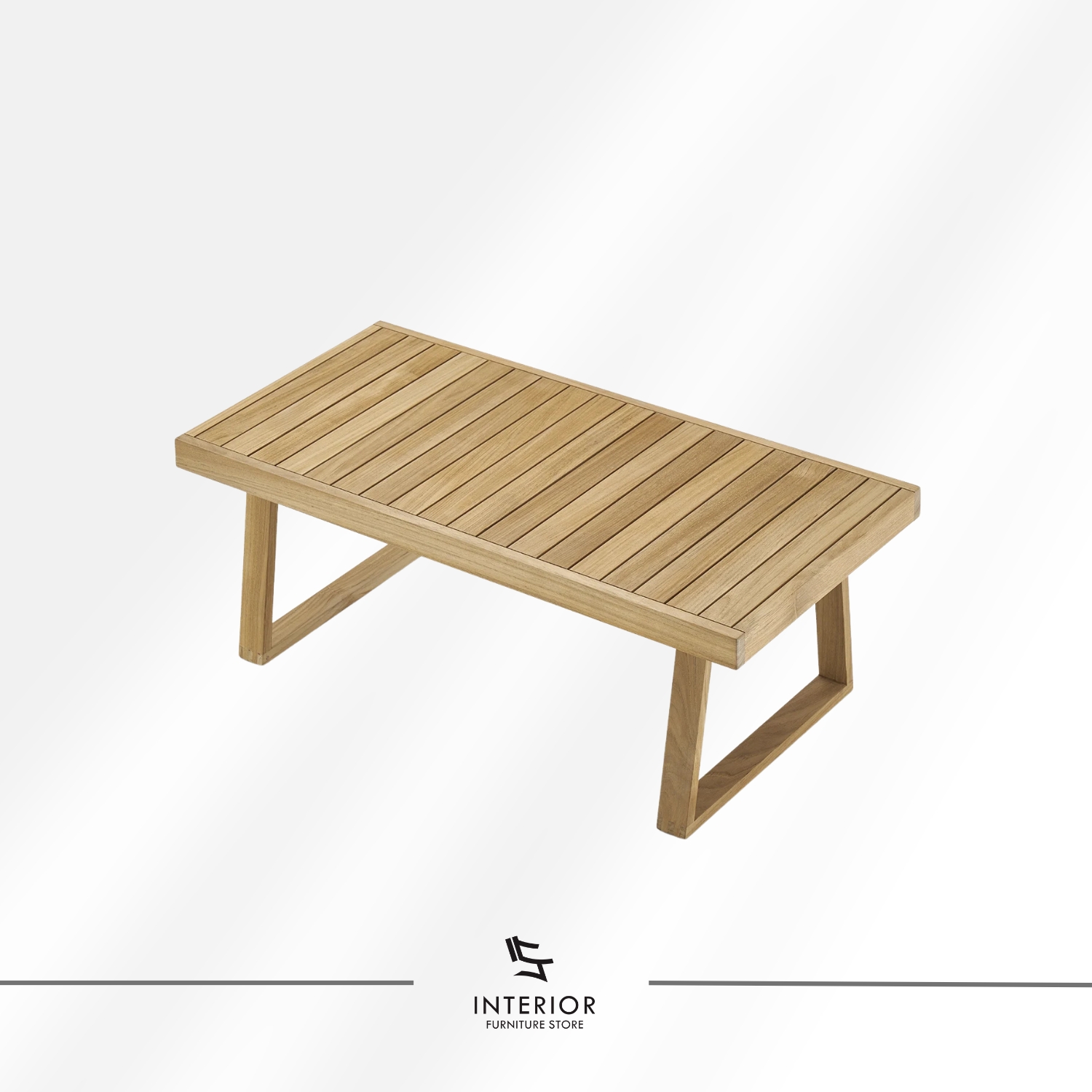 Rectangular wooden coffee table with a slatted top and angled frame legs in a natural finish.