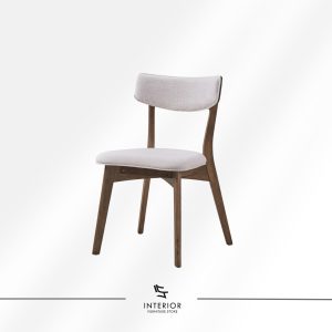 Dining chair with upholstered seat and curved backrest, paired with a dark wooden frame and gently angled legs.
