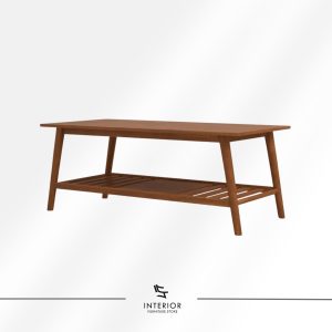 Rectangular wooden coffee table with angled legs, a lower slatted shelf, and a warm natural wood finish.