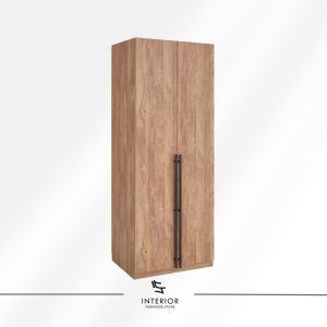 Tall wooden wardrobe with a clean rectangular form, featuring two full-height doors and slim black vertical handles.