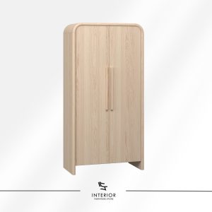 Rounded wooden wardrobe with softly curved edges, double doors, and a light natural wood finish.