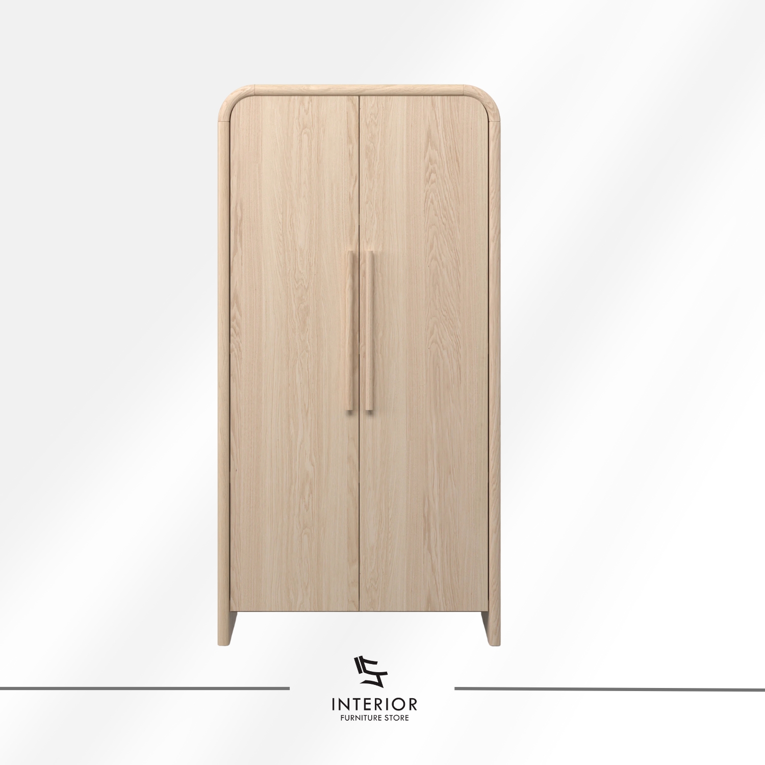 Rounded wooden wardrobe with softly curved edges, double doors, and a light natural wood finish.