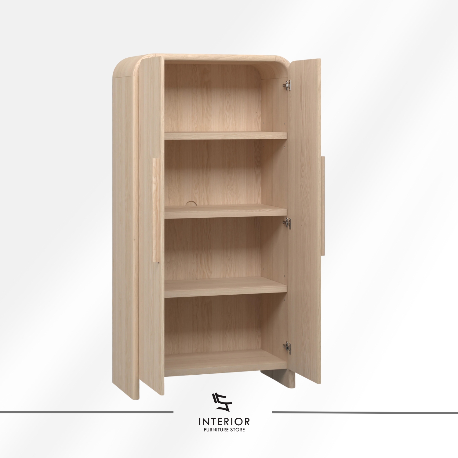 Rounded wooden wardrobe with softly curved edges, double doors, and a light natural wood finish.