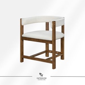 Wood framed accent chair with a curved upholstered backrest, padded seat, and open stretcher base.