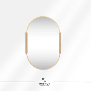 Oval wall mirror with a slim light wood frame and smooth wooden side accents.