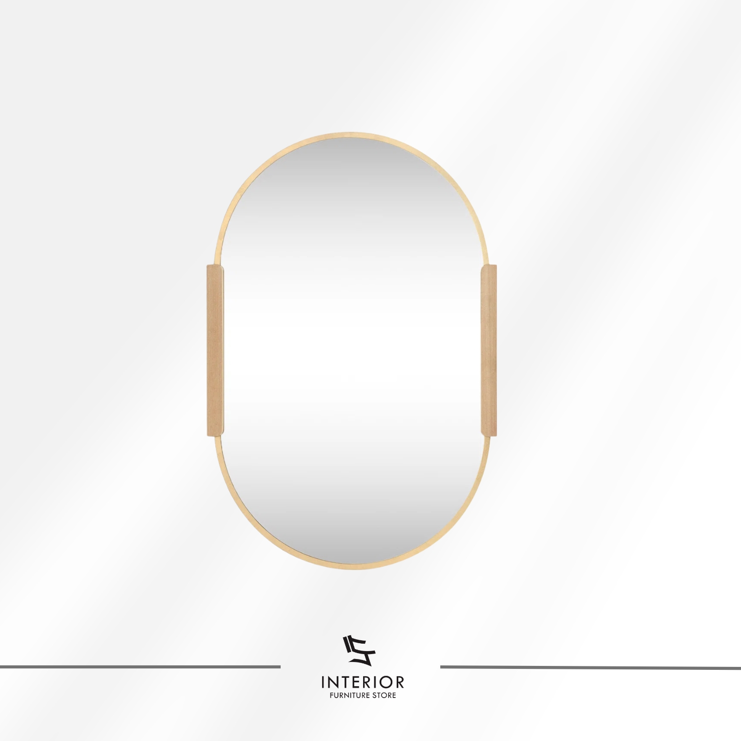 Oval wall mirror with a slim light wood frame and smooth wooden side accents.