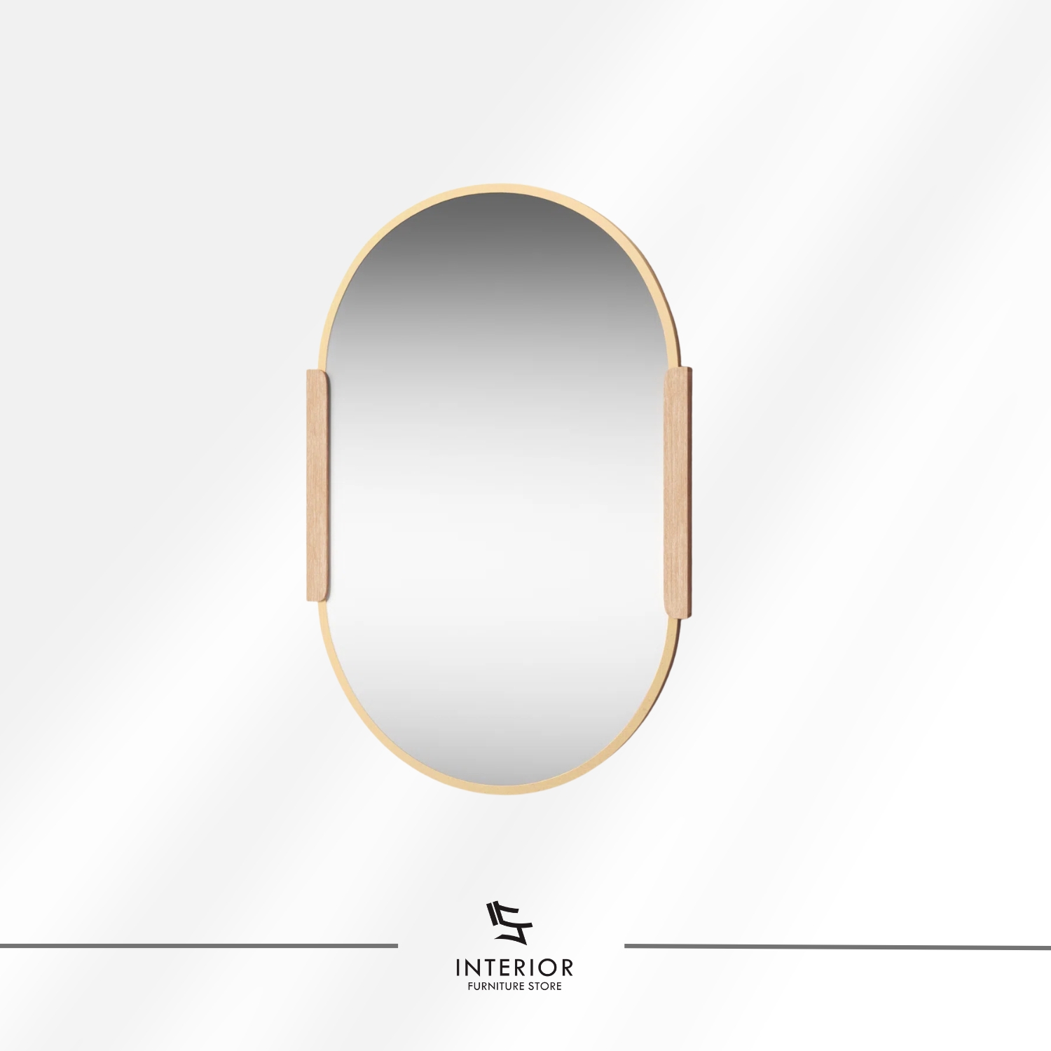 Oval wall mirror with a slim light wood frame and smooth wooden side accents.