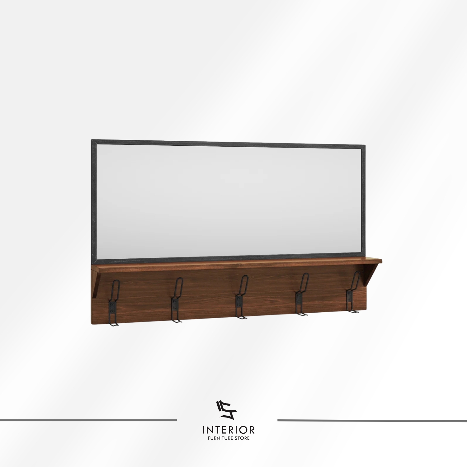 Wall-mounted entryway shelf with a rectangular mirror, warm wooden ledge, and multiple black metal hooks for hanging items.