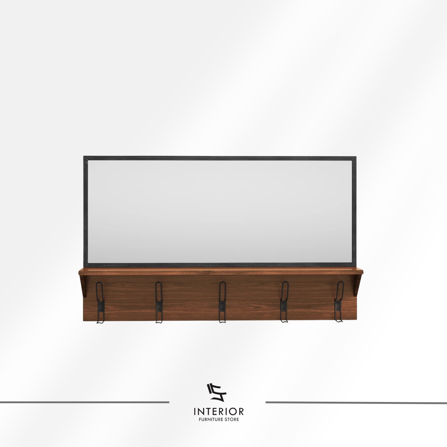Wall-mounted entryway shelf with a rectangular mirror, warm wooden ledge, and multiple black metal hooks for hanging items.