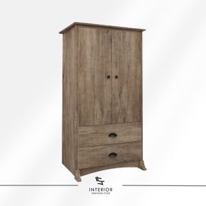 Harsa Wardrobe, rustic wooden armoire with a tall silhouette, double doors, two lower drawers, and dark metal handles.