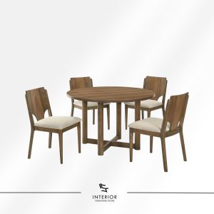 Round wooden dining table set with four chairs, featuring solid wood backrests and cushioned fabric seats in a soft neutral tone.