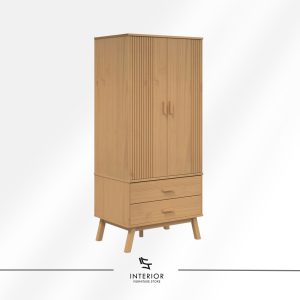 Wooden wardrobe with vertical slatted doors, integrated handles, two lower drawers, and tapered legs, finished in a soft natural wood tone.