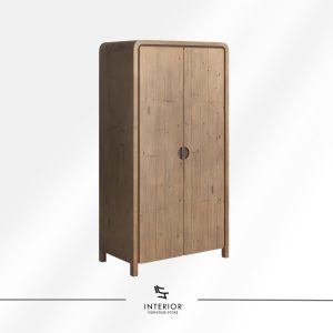 Wooden wardrobe with a natural finish, featuring two flat panel doors, a vertical rectangular silhouette, and softly rounded edges along the frame.
