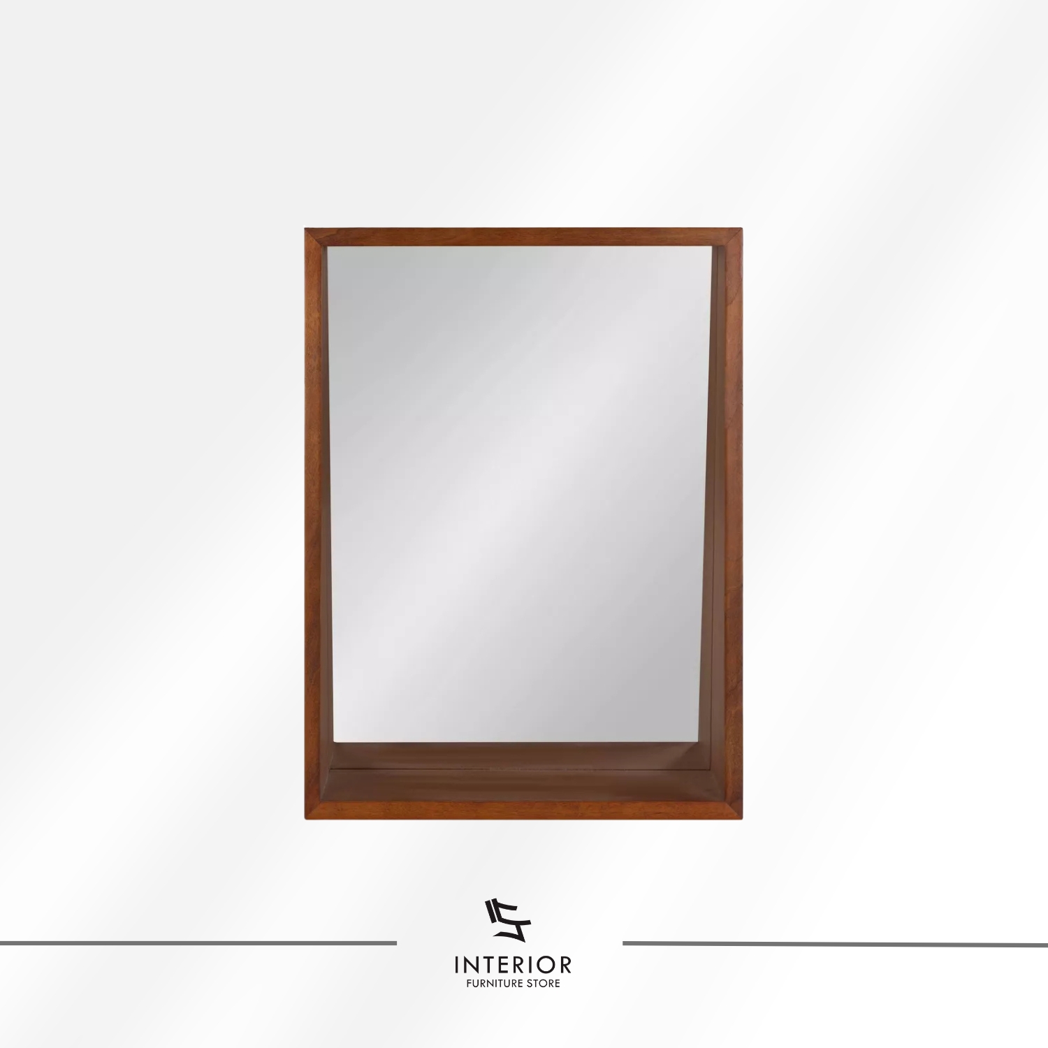 Rectangular wall mirror with a solid wood frame and deep built-in shelf on the right side. The angled inner panel adds a distinctive geometric touch.