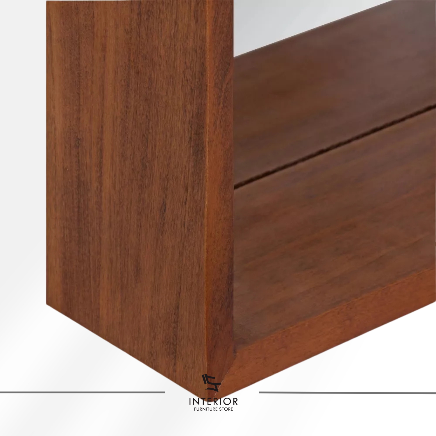 Rectangular wall mirror with a solid wood frame and deep built-in shelf on the right side. The angled inner panel adds a distinctive geometric touch.