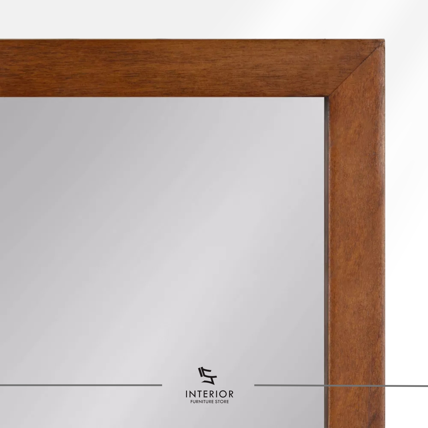 Rectangular wall mirror with a solid wood frame and deep built-in shelf on the right side. The angled inner panel adds a distinctive geometric touch.