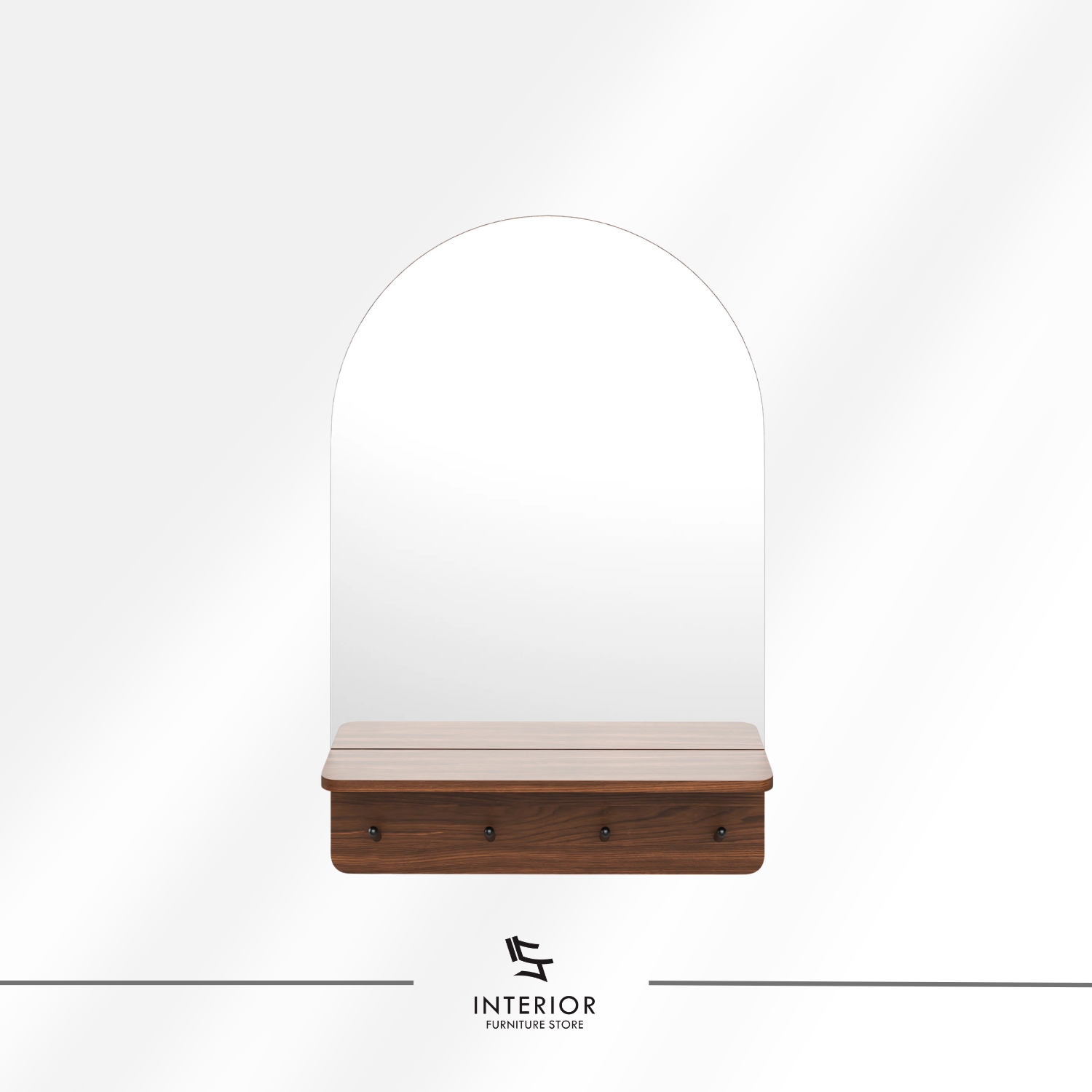 Wall mounted mirror with an arched top and a slim metal frame, paired with a wooden shelf and four hooks below. The warm wood tones and clean lines create a functional yet decorative entryway piece.