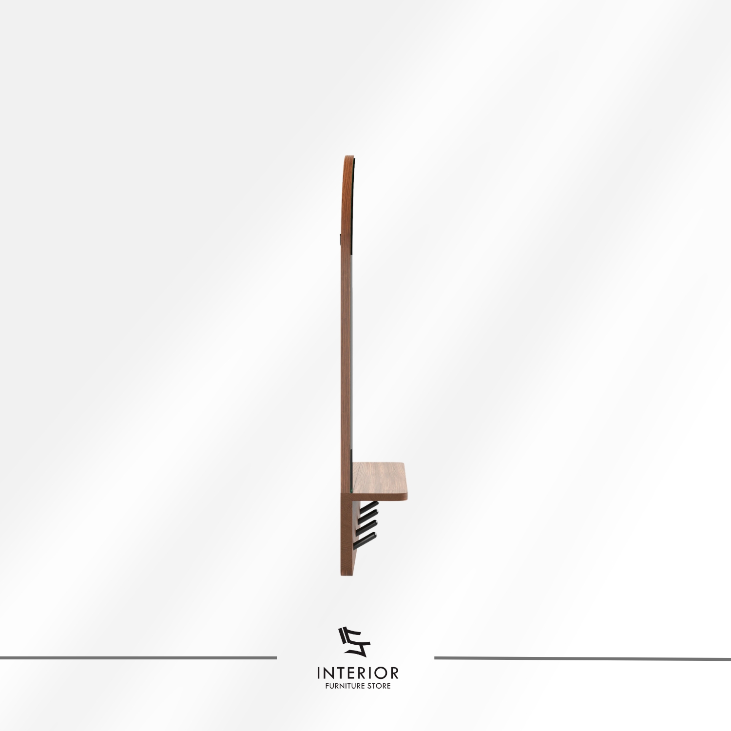 Wall mounted mirror with an arched top and a slim metal frame, paired with a wooden shelf and four hooks below. The warm wood tones and clean lines create a functional yet decorative entryway piece.