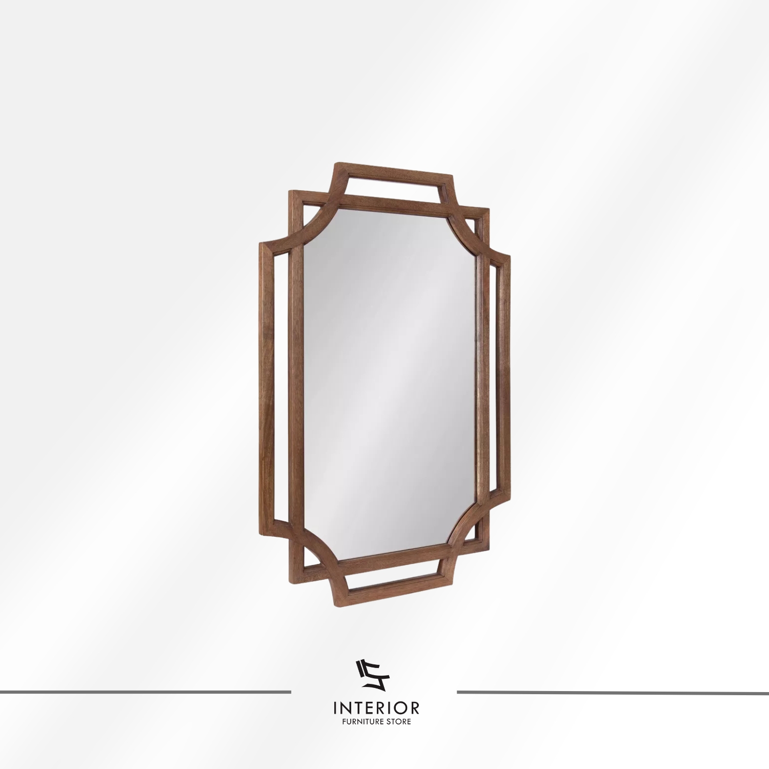Decorative wall mirror with a geometric wooden frame featuring layered edges and open side accents.