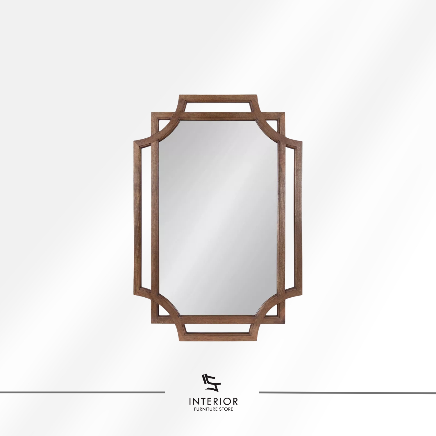 Decorative wall mirror with a geometric wooden frame featuring layered edges and open side accents.