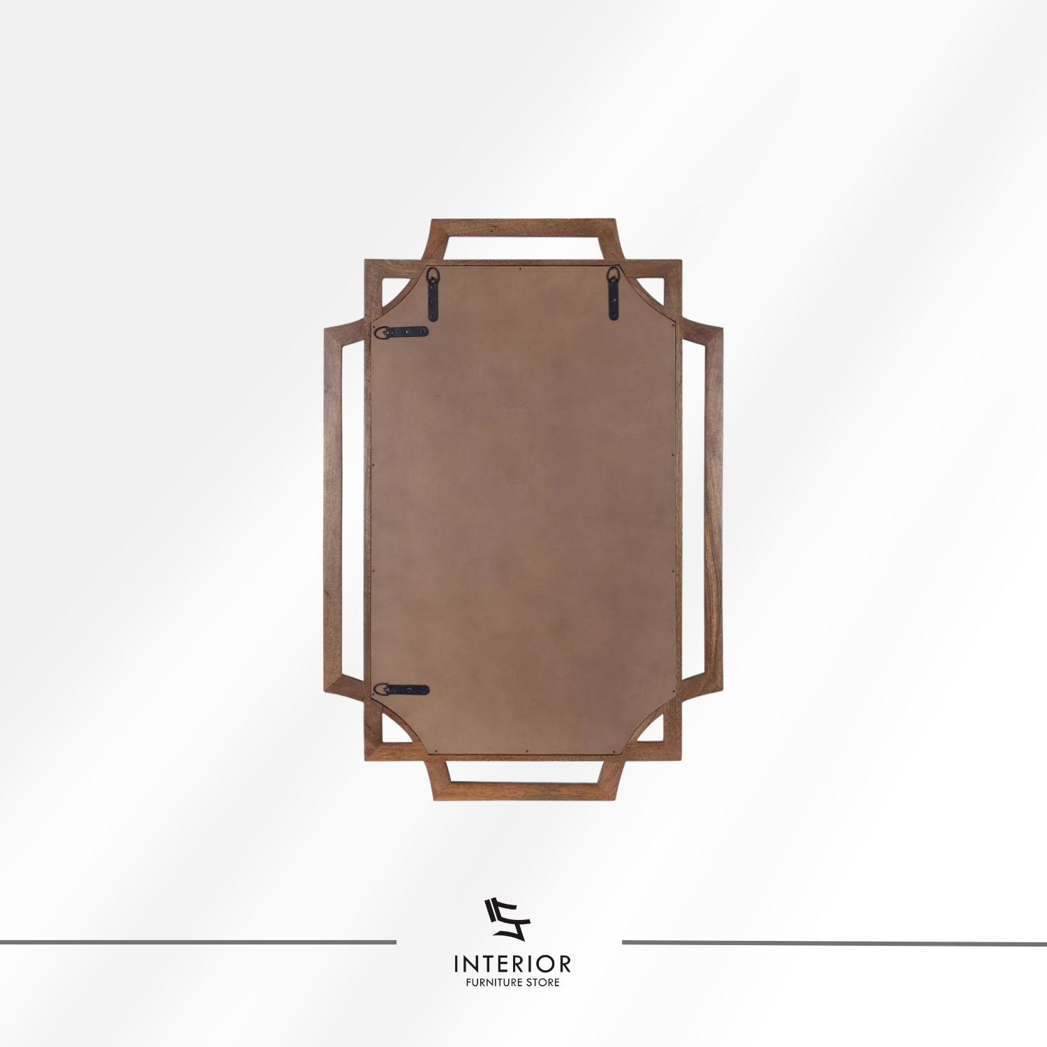 Decorative wall mirror with a geometric wooden frame featuring layered edges and open side accents.