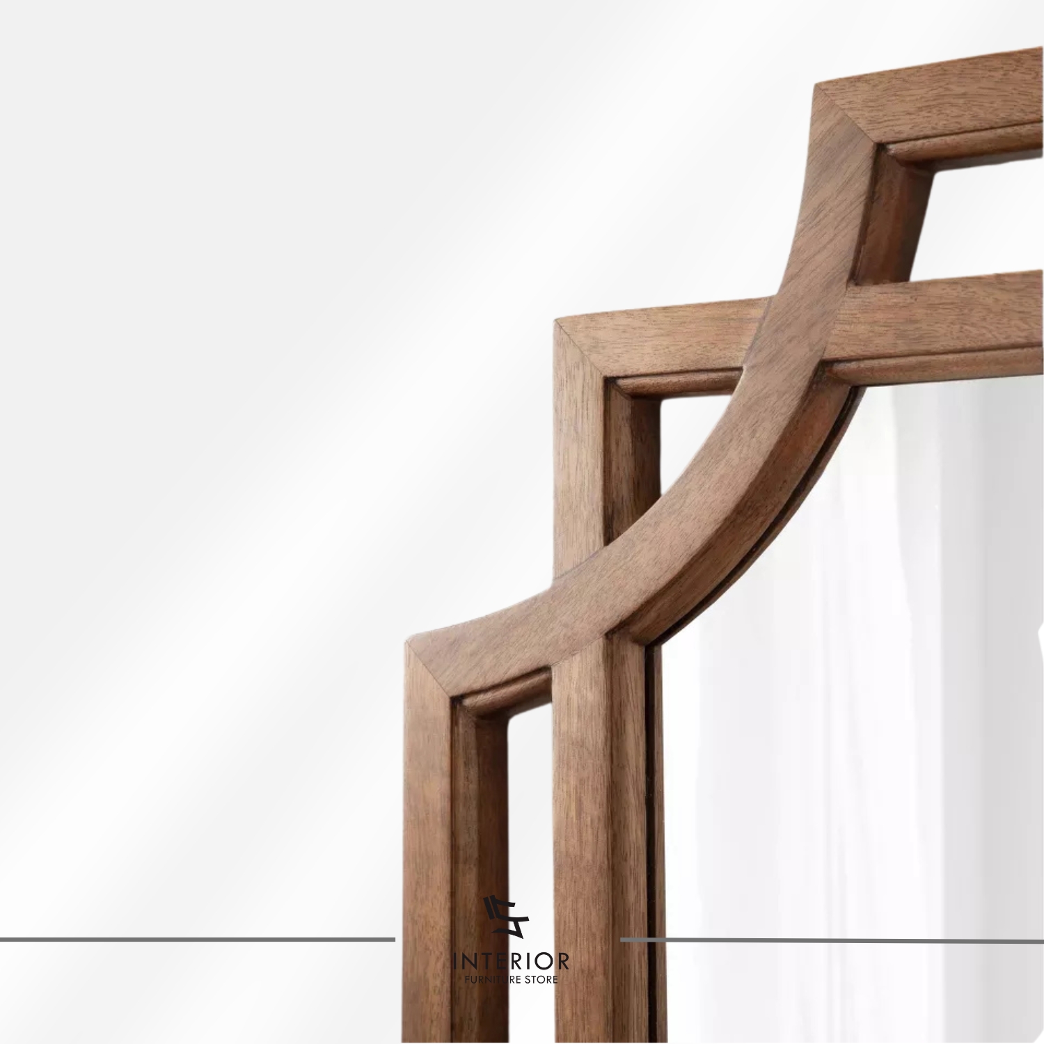 Decorative wall mirror with a geometric wooden frame featuring layered edges and open side accents.